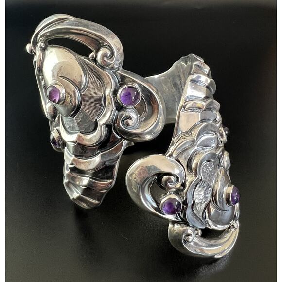 Margot De Taxco Mexico Sterling Silver Amethyst Koi Fish Clamper Bracelet #5207 - Picture 9 of 13